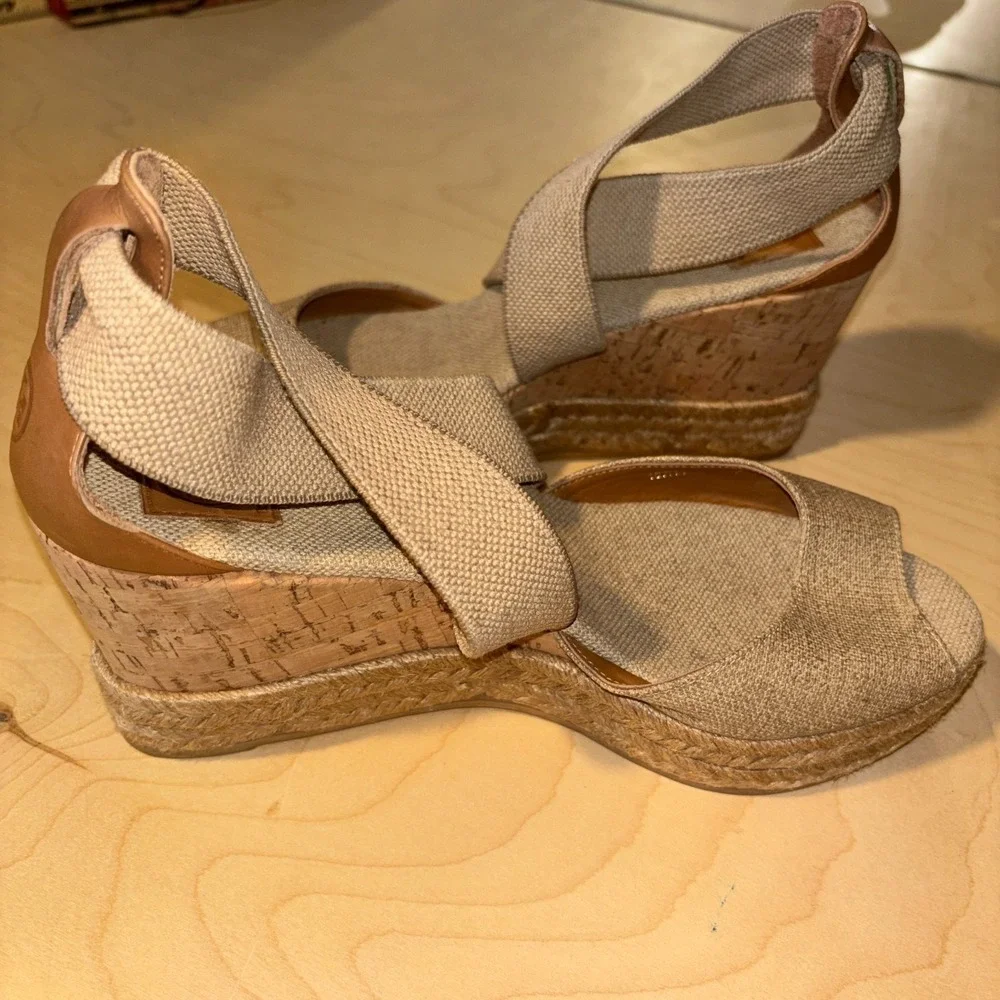 Tory Burch Natanya Espadrille Wedges Women Sz 7 Beige Linen Cork Sandal Spain